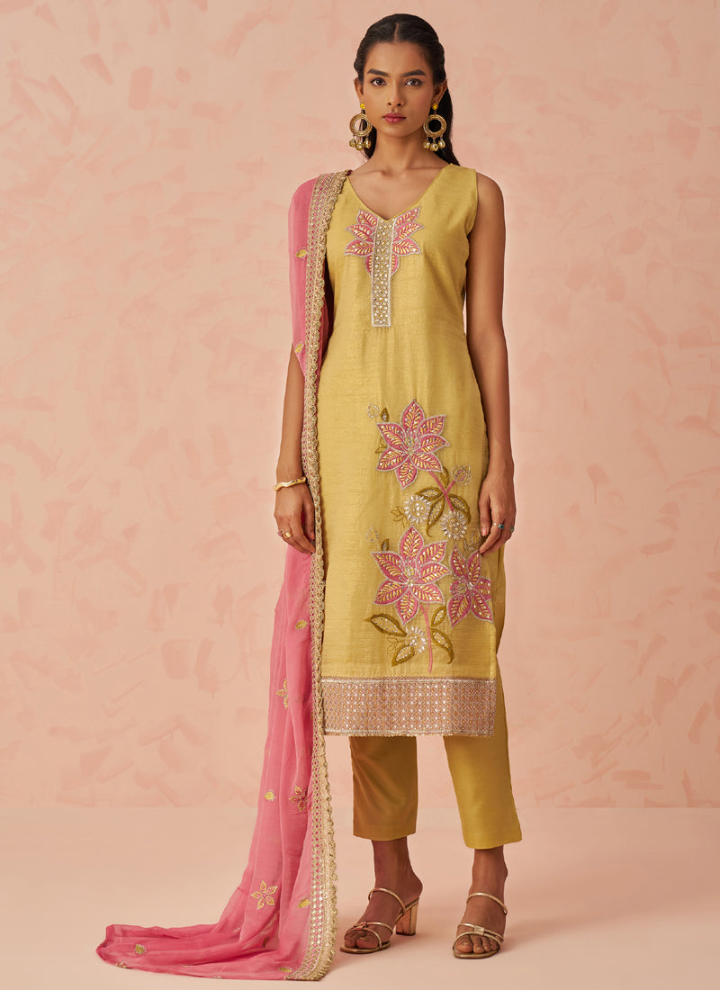 Vegaa Fashion Yellow Fancy Crush Embroidered Salwar Suit - Distacart
