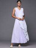 Ahalyaa Blue & White Floral Print Ethnic Maxi Dress with Attached Dupatta - Distacart