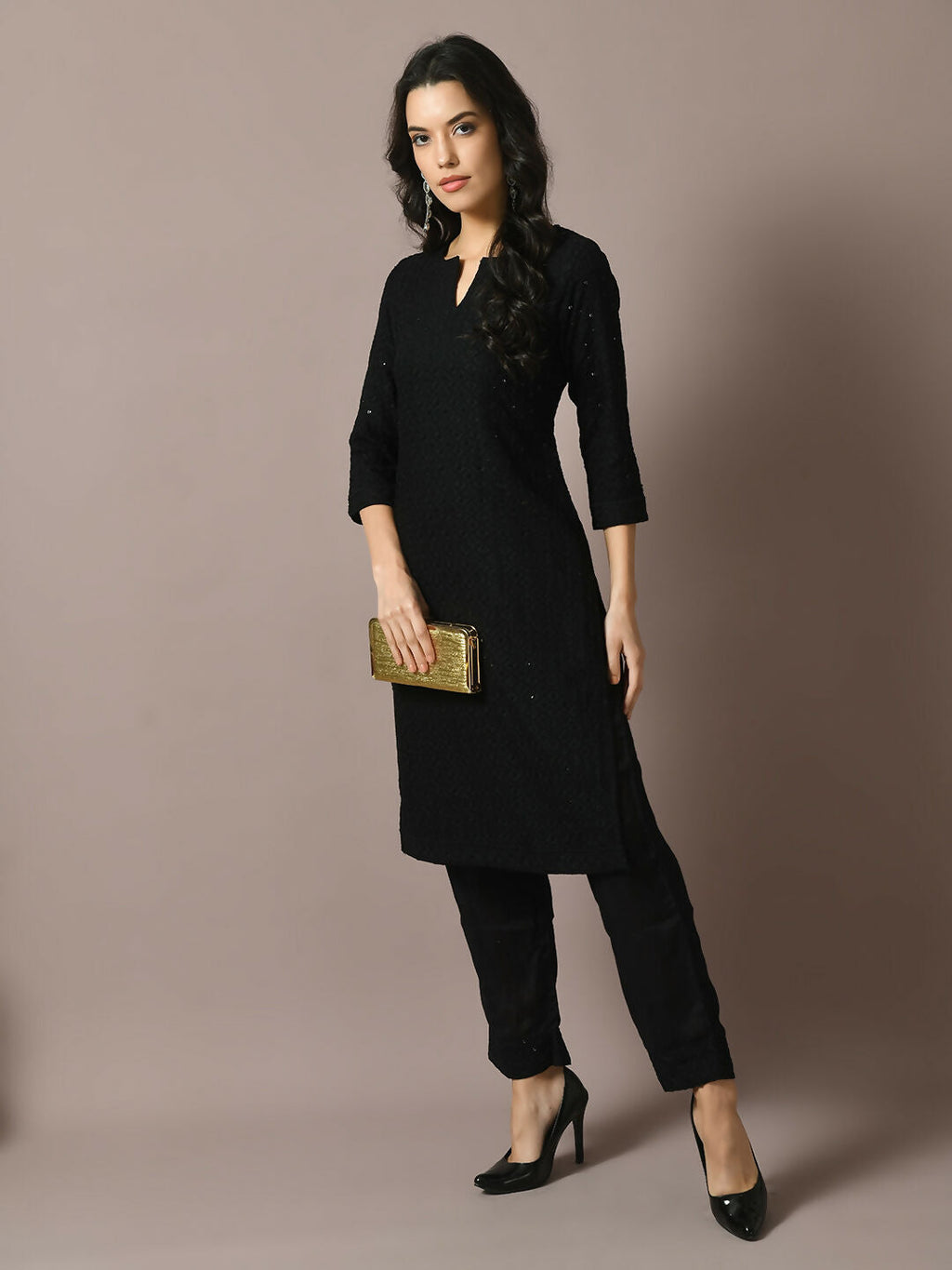 Myshka Women's Black Embroidered Cotton Straight Party Kurta Set