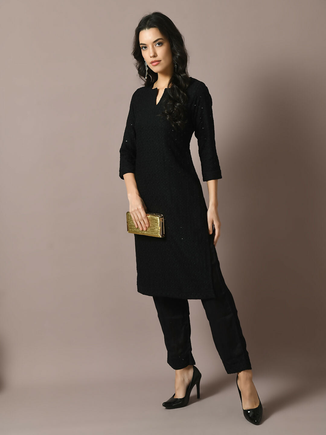Myshka Women's Black Embroidered Cotton Straight Party Kurta Set