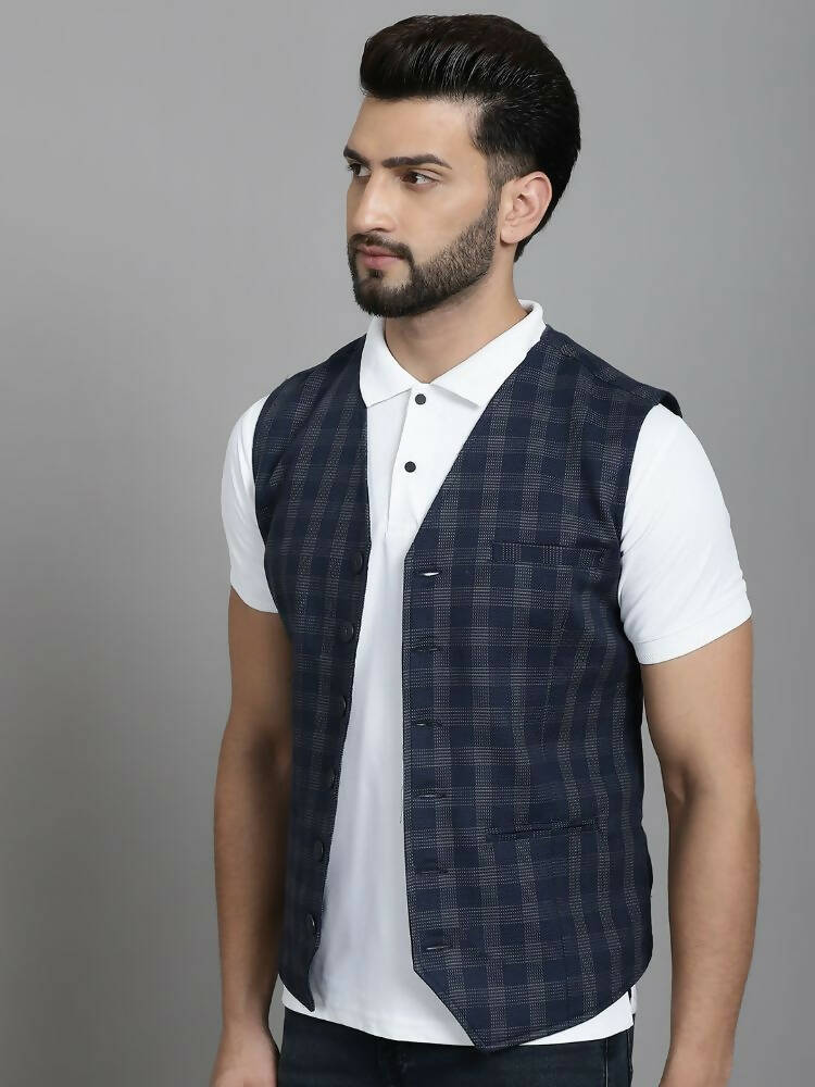 Even Apparels Checked Waistcoat With Welt Pockets - Navy Blue