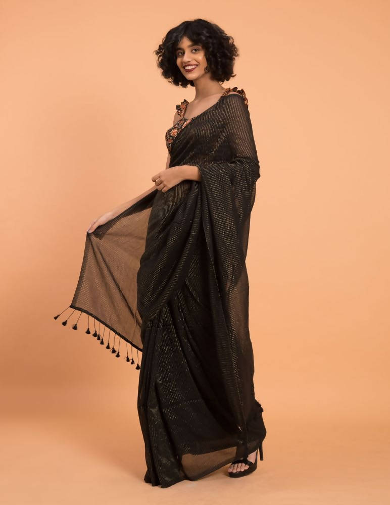 Suta Black Woven Zari Striped Pure Handloom Cotton Saree - Distacart