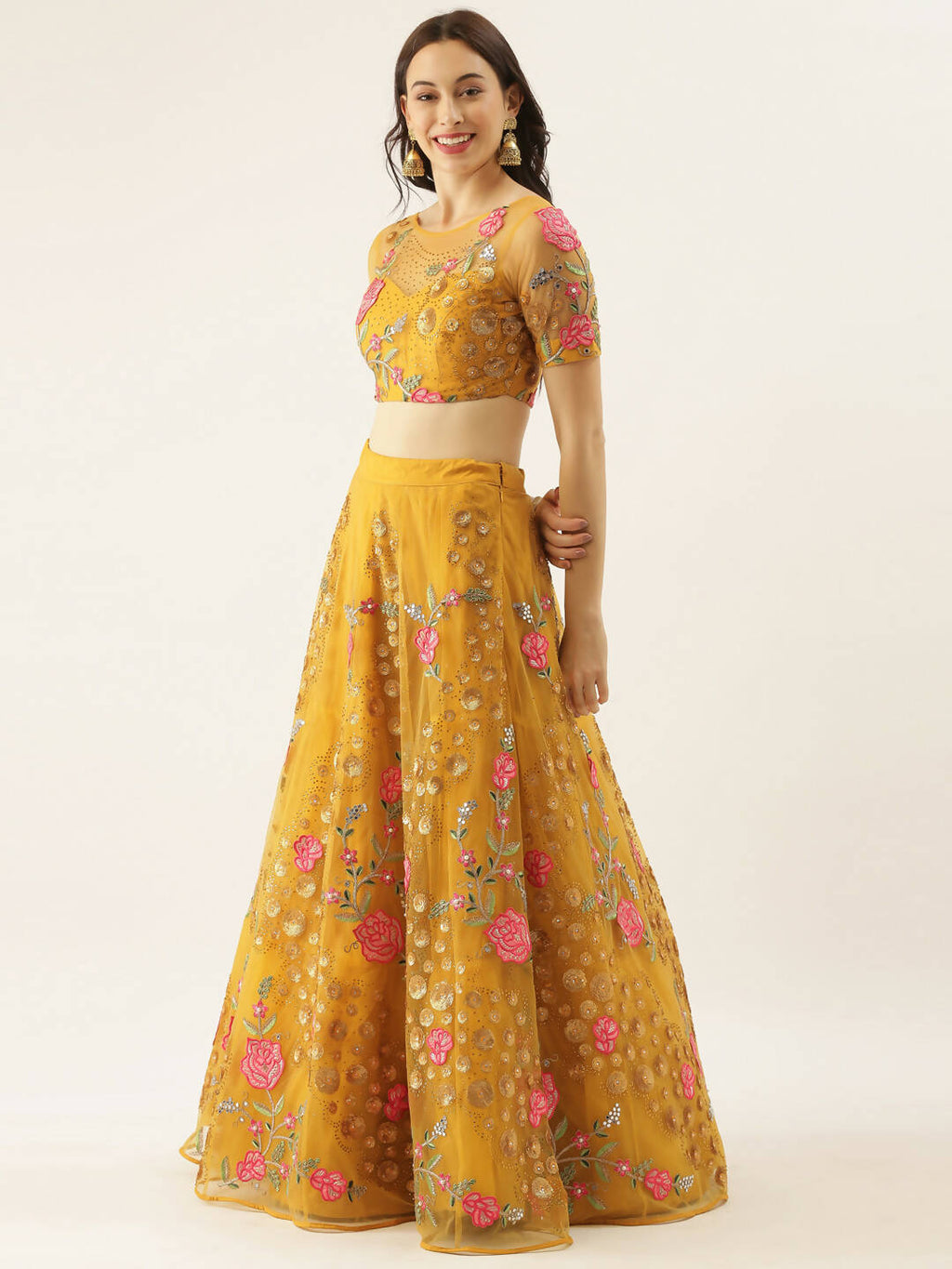 House of Panchhi Mustard Net Semi stitched Coding, Sequins & Saroski Stone Work Lehenga Choli