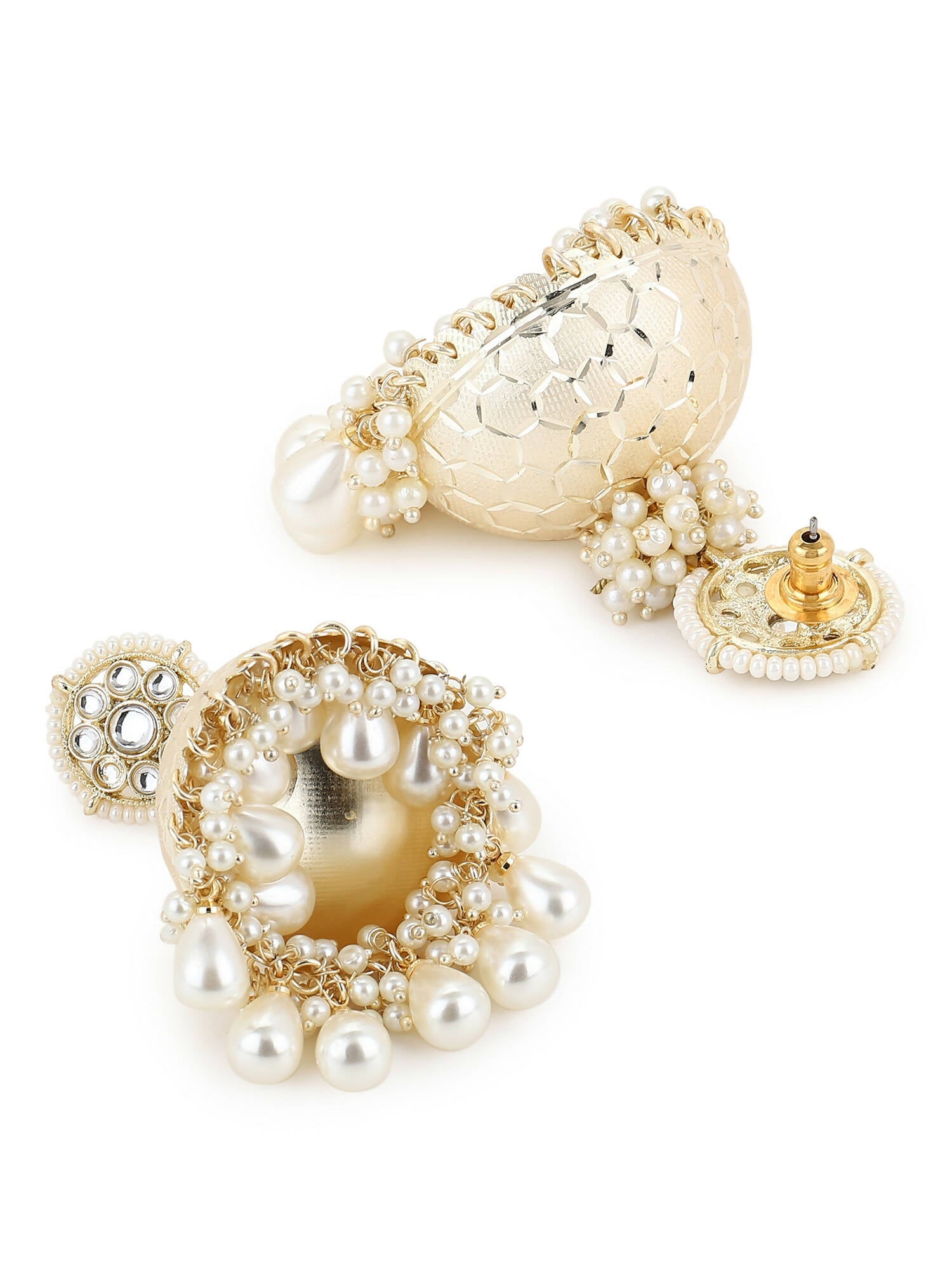 Gold-Toned White Pearl Beaded Contemporary Gold-Plated Jhumkas Earrings - Ruby Raang - Distacart