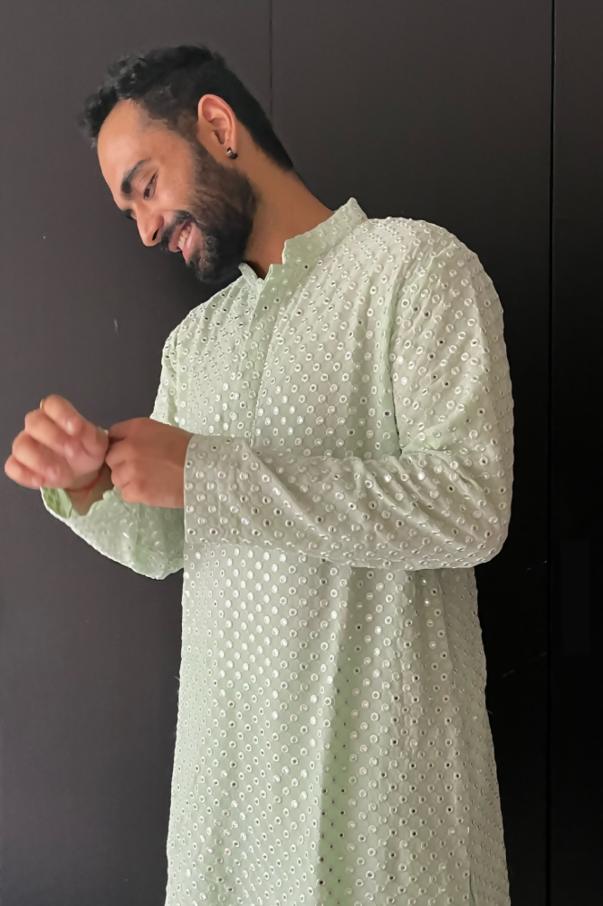 Pista Green Mirror Work Designer Kurta by Hilo Design