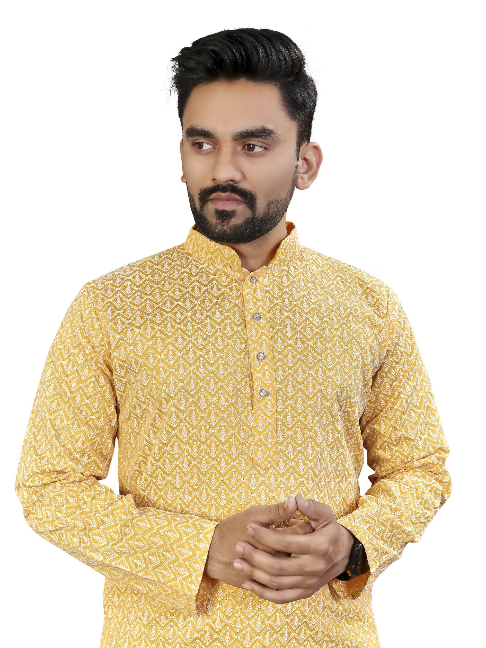 Anaita Yellow Lucknowi Work Silk Straight Kurta