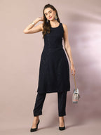 Myshka Women's Navy Blue Embroidered Cotton Straight Party Kurta Set
