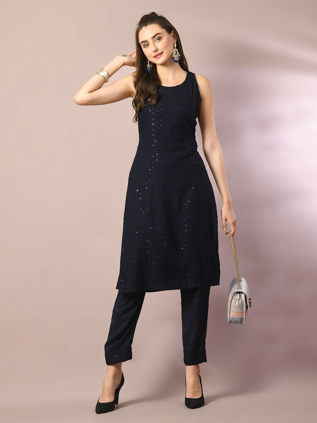 Myshka Women's Navy Blue Embroidered Cotton Straight Party Kurta Set