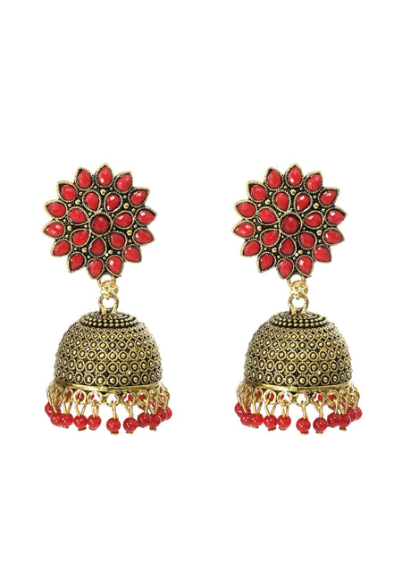 Mominos Fashion Joharkamal Kundan work Jhumka with Red Beads