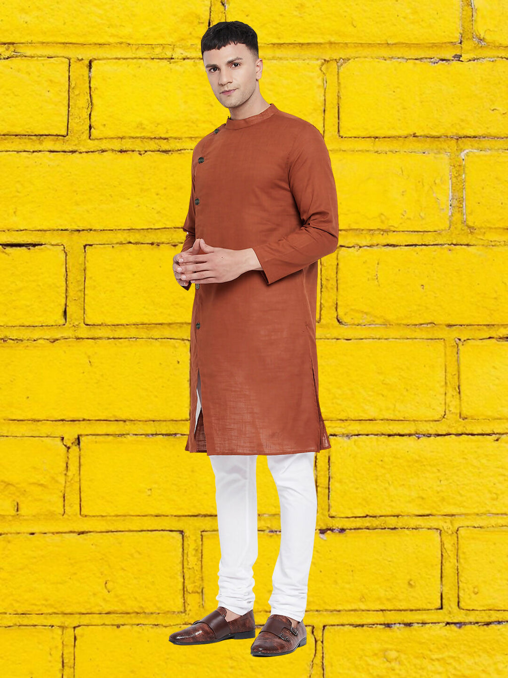 Even Apparels Men's Asymetrical Brown Sherwani Kurta