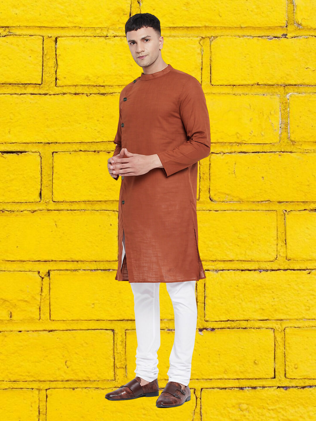 Even Apparels Men's Asymetrical Brown Sherwani Kurta