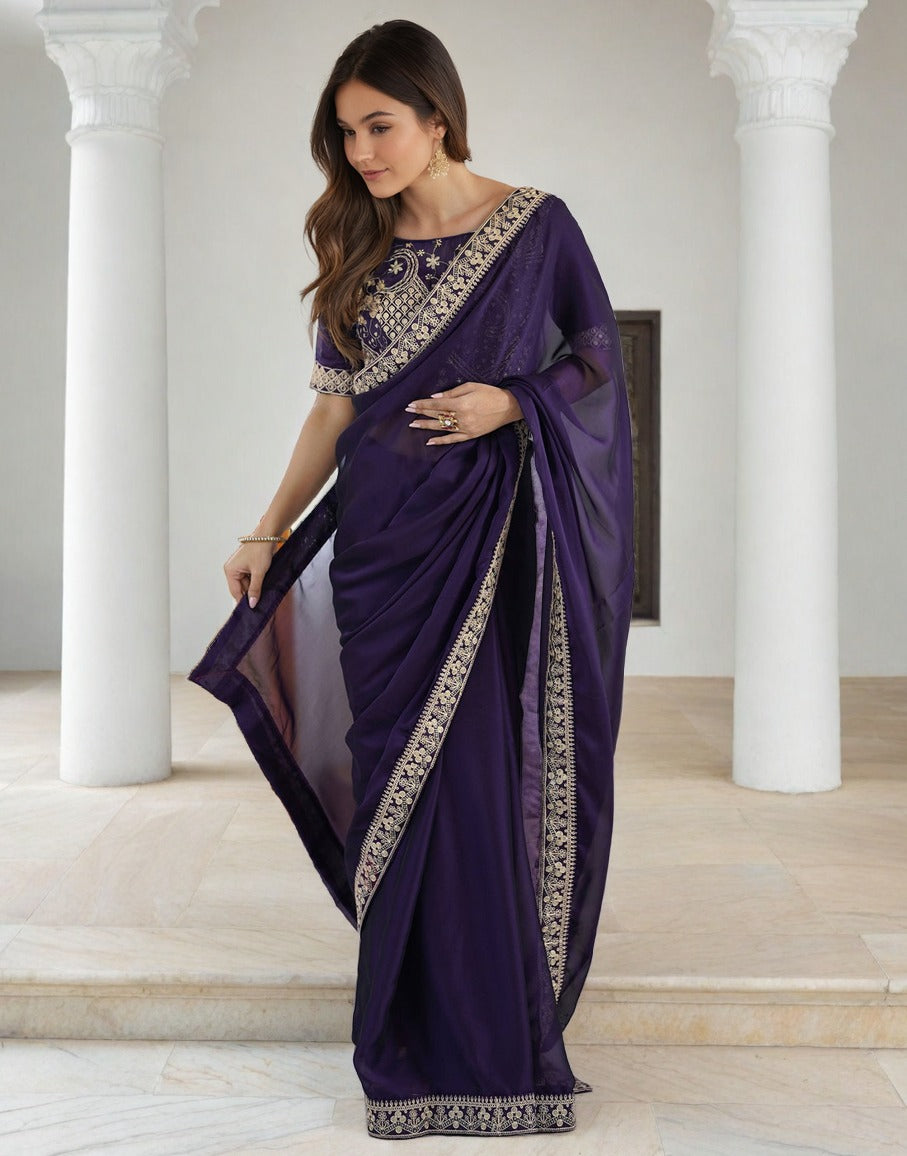 Lorenvalley Fashion Purple Rangoli Silk with Coding Sequence and Multi Lace Work Saree with Blouse - Distacart