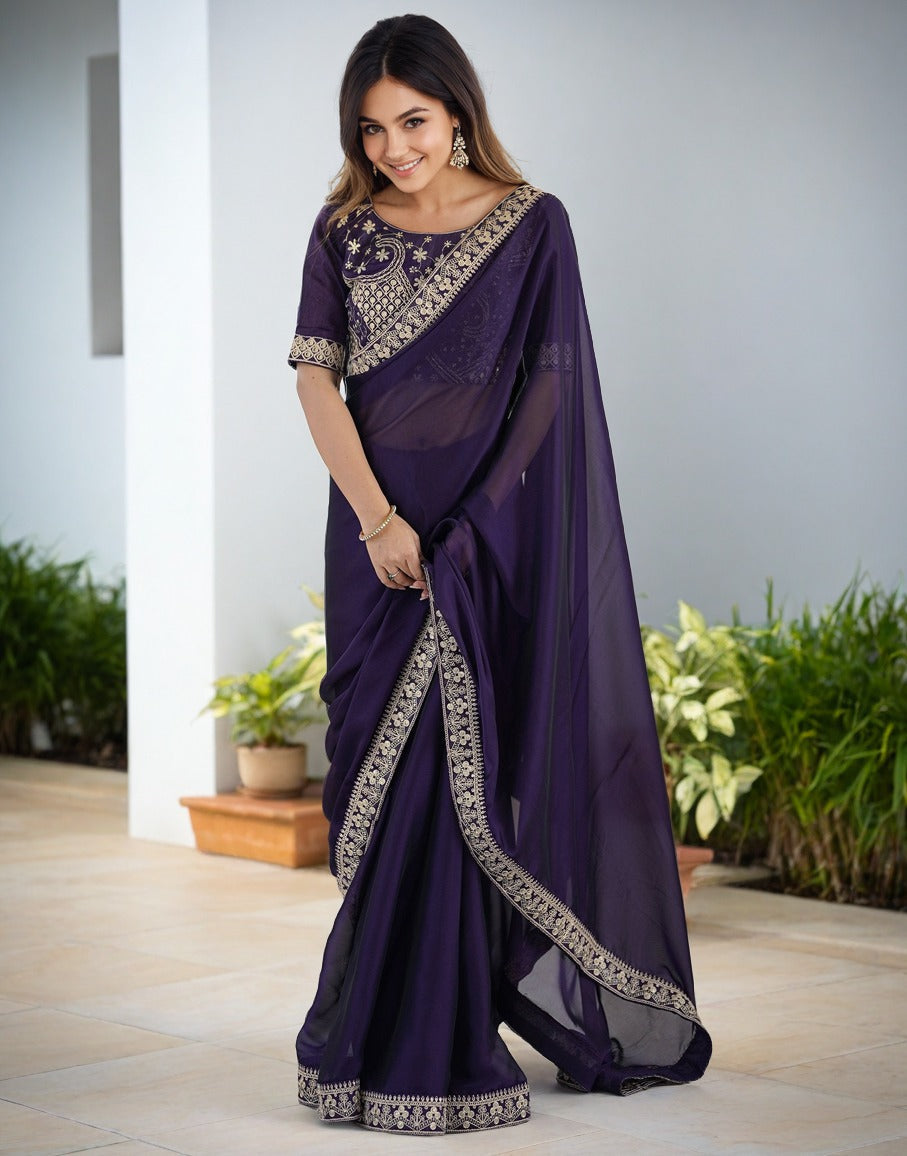 Lorenvalley Fashion Purple Rangoli Silk with Coding Sequence and Multi Lace Work Saree with Blouse - Distacart