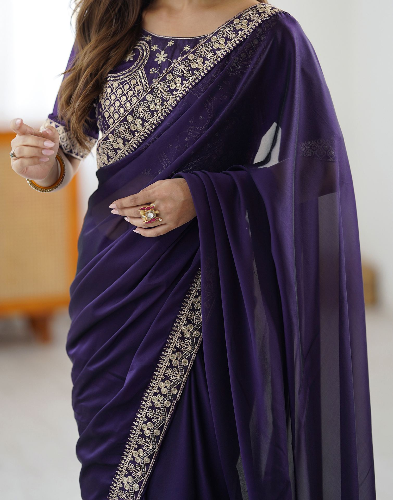 Lorenvalley Fashion Purple Rangoli Silk with Coding Sequence and Multi Lace Work Saree with Blouse - Distacart
