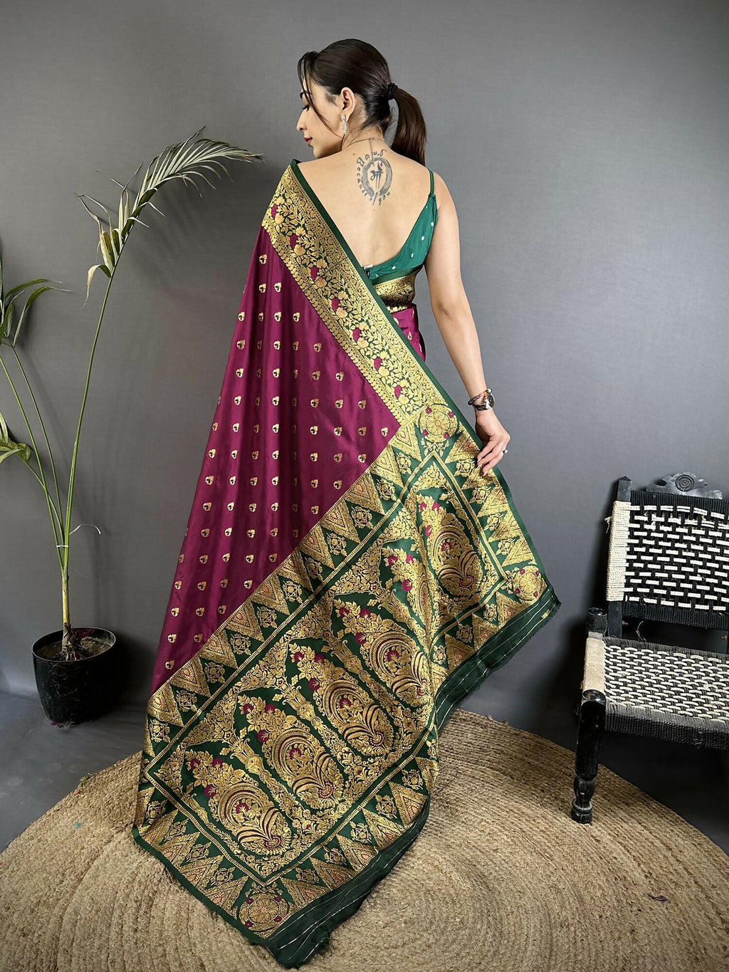 Joban Fashion Wine Intricate Motifs Soft Silk Banarasi Saree