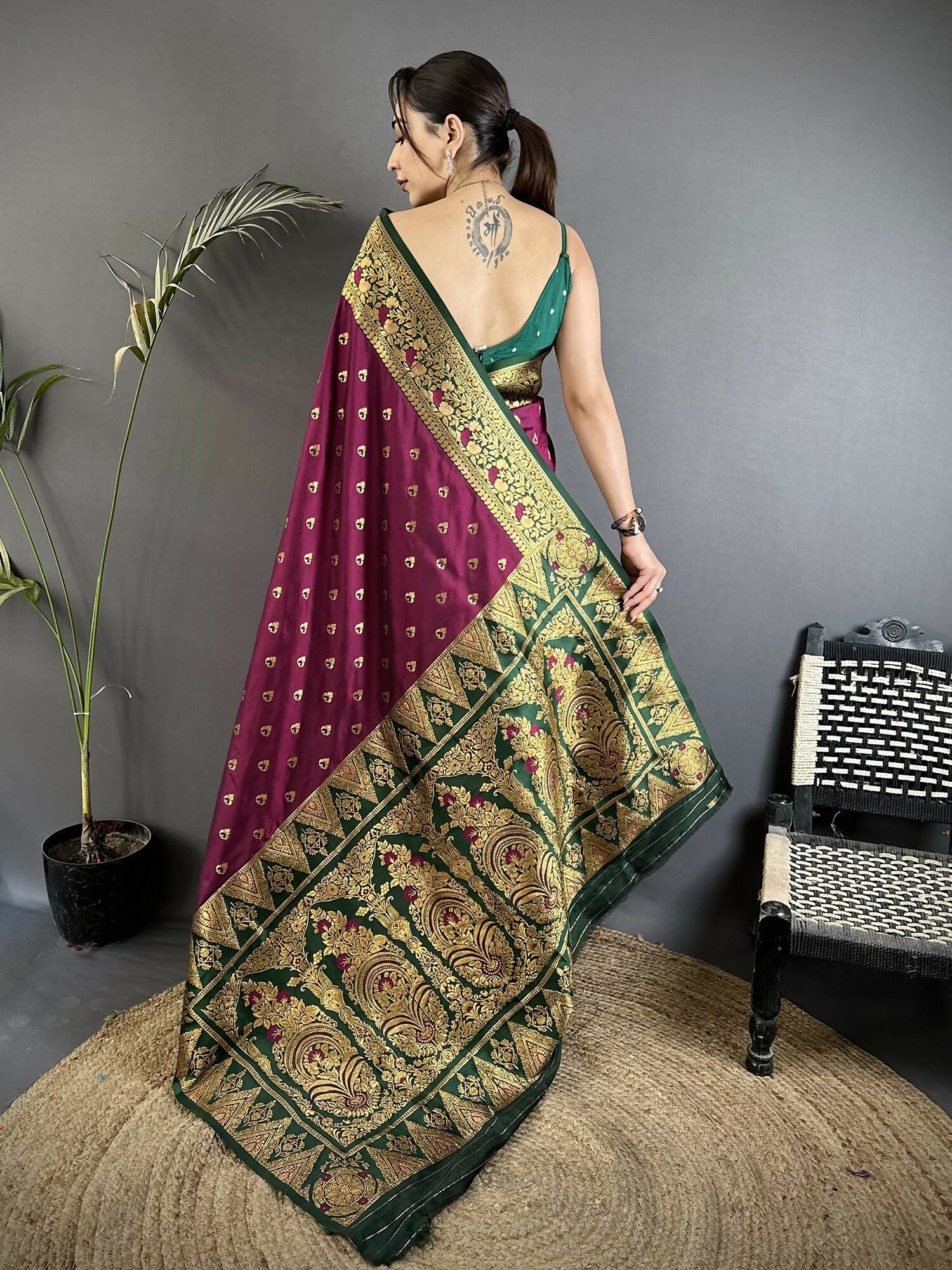 Joban Fashion Wine Intricate Motifs Soft Silk Banarasi Saree