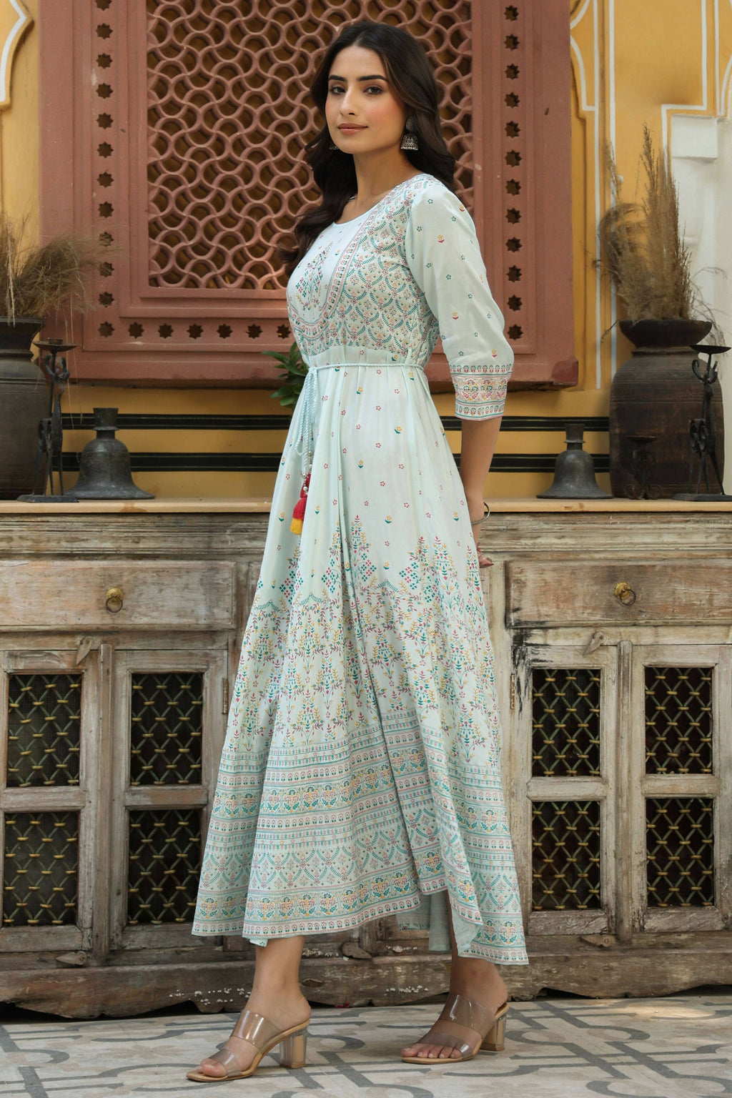 Juniper Women's Skyblue Viscose Shantoon Festive Printed Flared Dress - Distacart