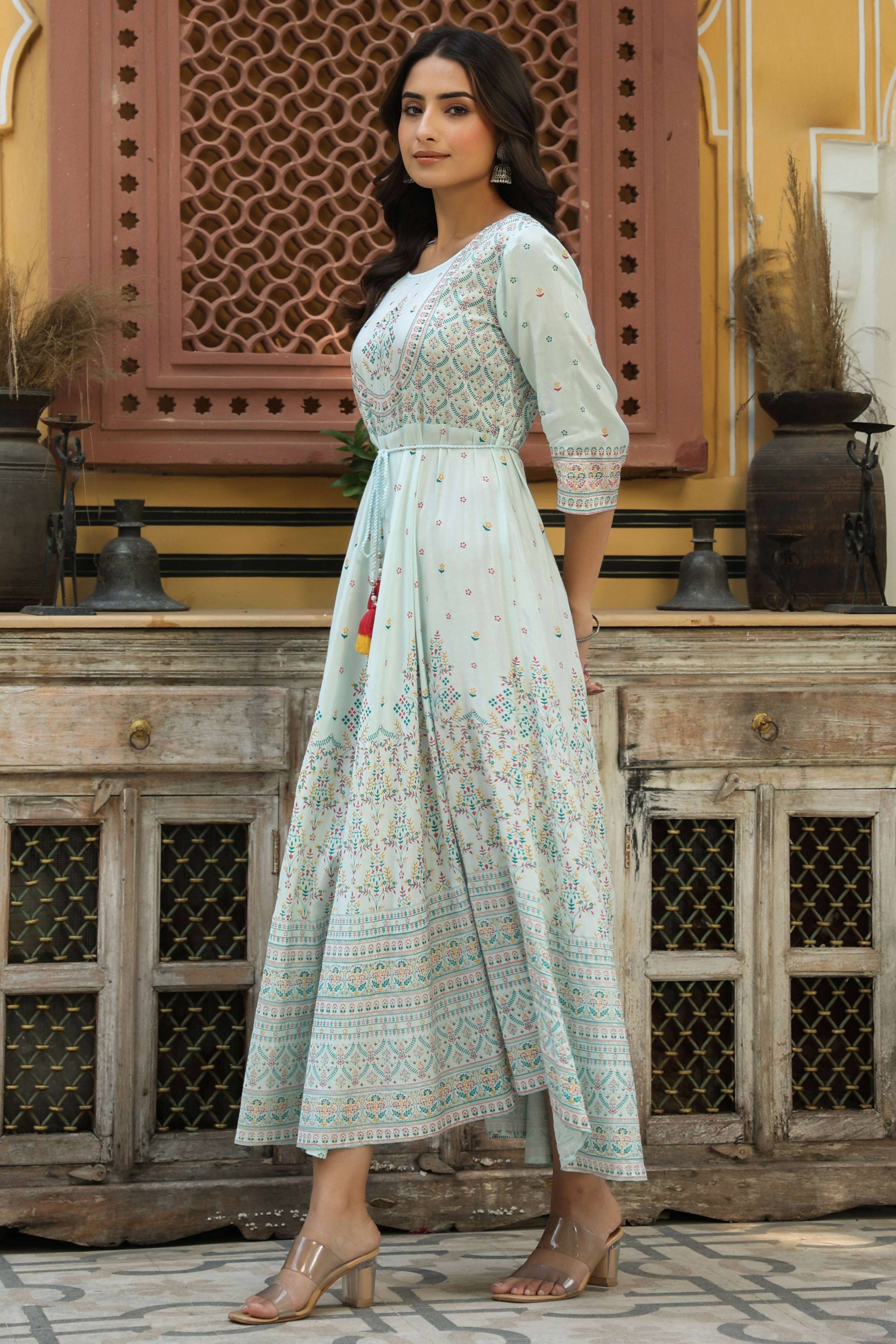 Juniper Women's Skyblue Viscose Shantoon Festive Printed Flared Dress - Distacart