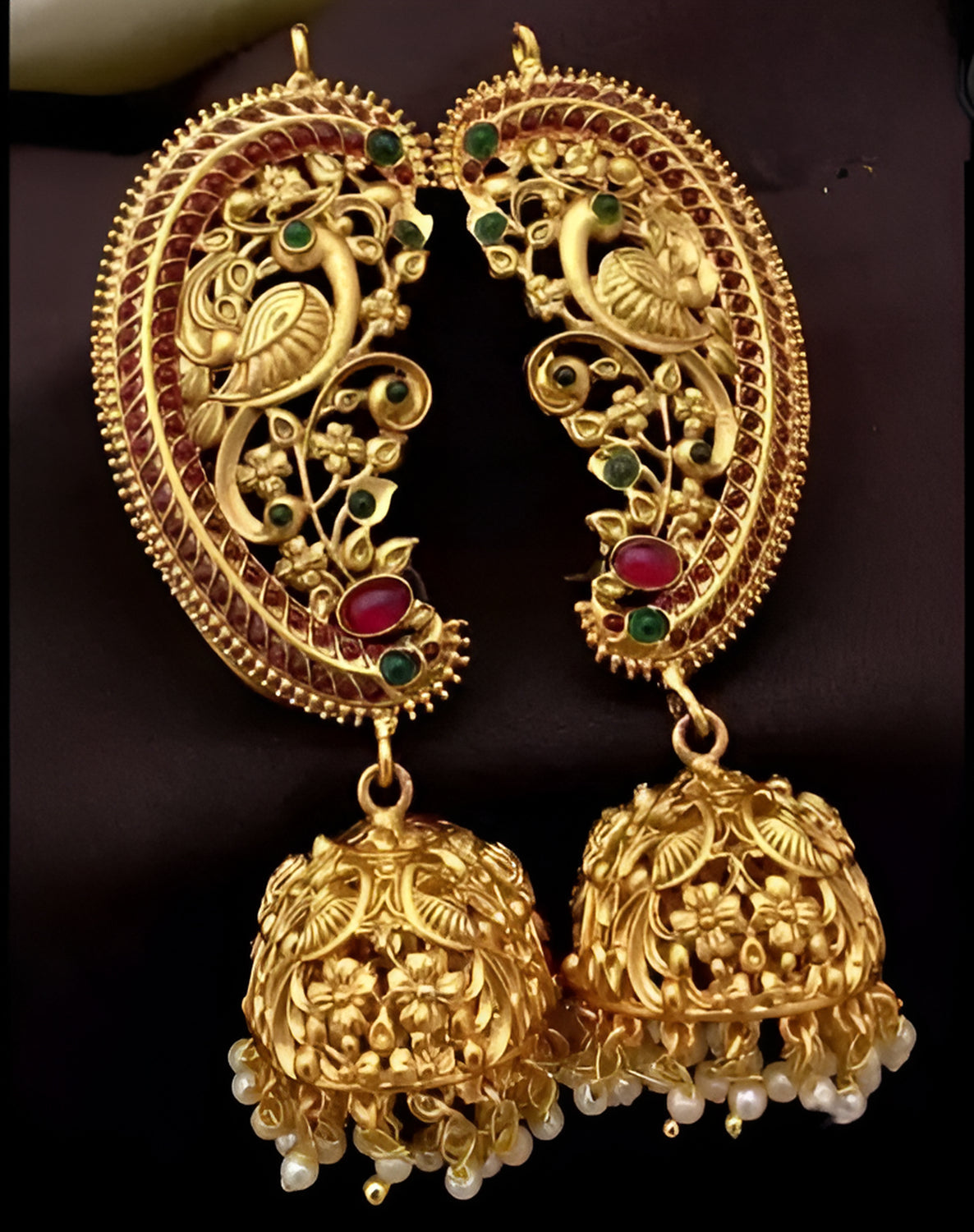 Jewel City Antique Gold Peacock Temple Jhumka Earrings Ruby & Emerald Traditional Earrings Handcrafted South Indian Bridal Jewelry - Distacart