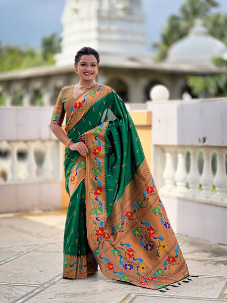 Vedant Vastram Soft Litchi Silk Paithani Jacquard Saree - Green