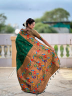 Vedant Vastram Soft Litchi Silk Paithani Jacquard Saree - Green