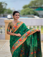Vedant Vastram Soft Litchi Silk Paithani Jacquard Saree - Green