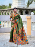 Vedant Vastram Soft Litchi Silk Paithani Jacquard Saree - Mahendi