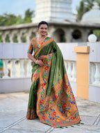 Vedant Vastram Soft Litchi Silk Paithani Jacquard Saree - Mahendi