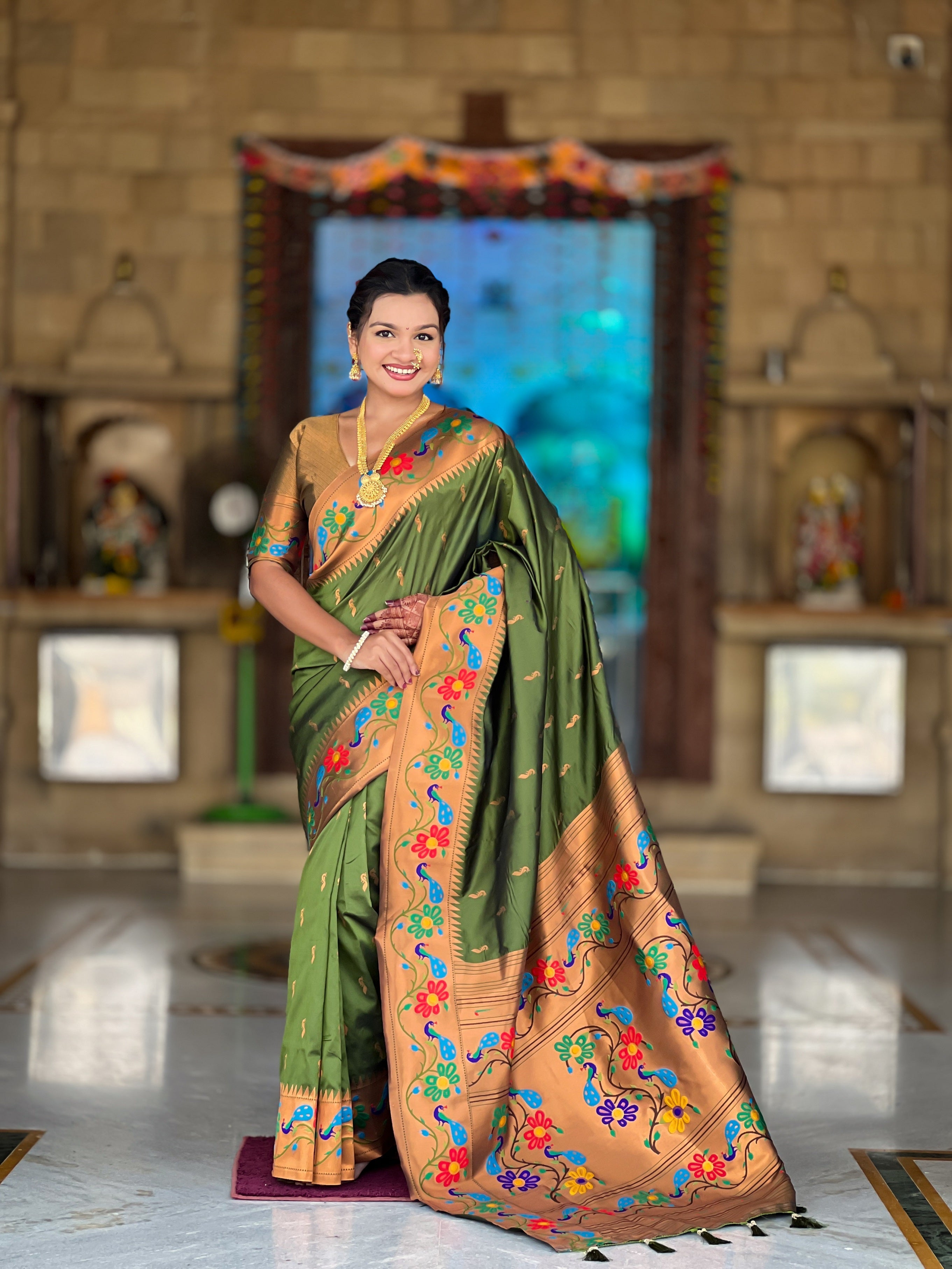 Vedant Vastram Soft Litchi Silk Paithani Jacquard Saree - Mahendi