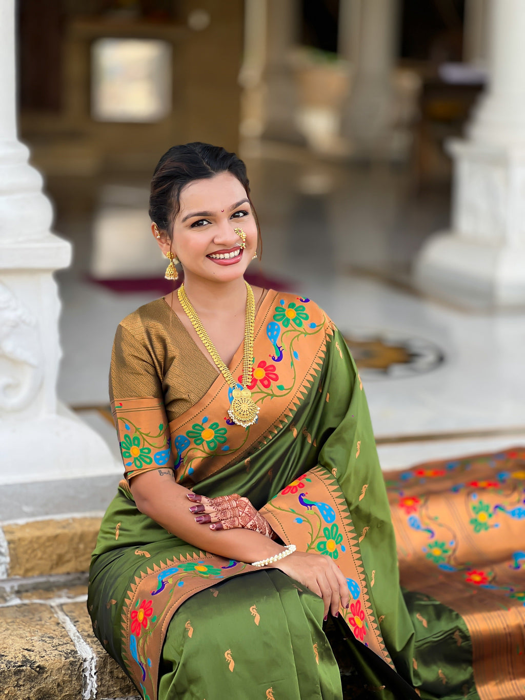 Vedant Vastram Soft Litchi Silk Paithani Jacquard Saree - Mahendi