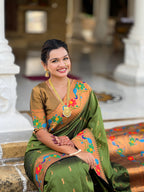 Vedant Vastram Soft Litchi Silk Paithani Jacquard Saree - Mahendi
