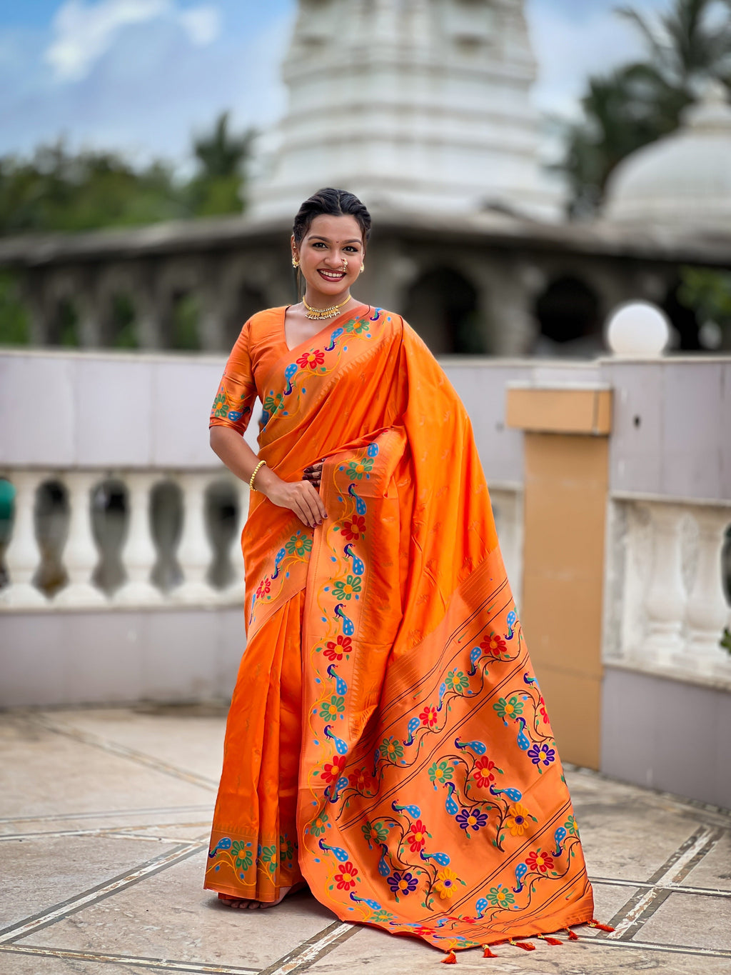 Vedant Vastram Soft Litchi Silk Paithani Jacquard Saree - Orange