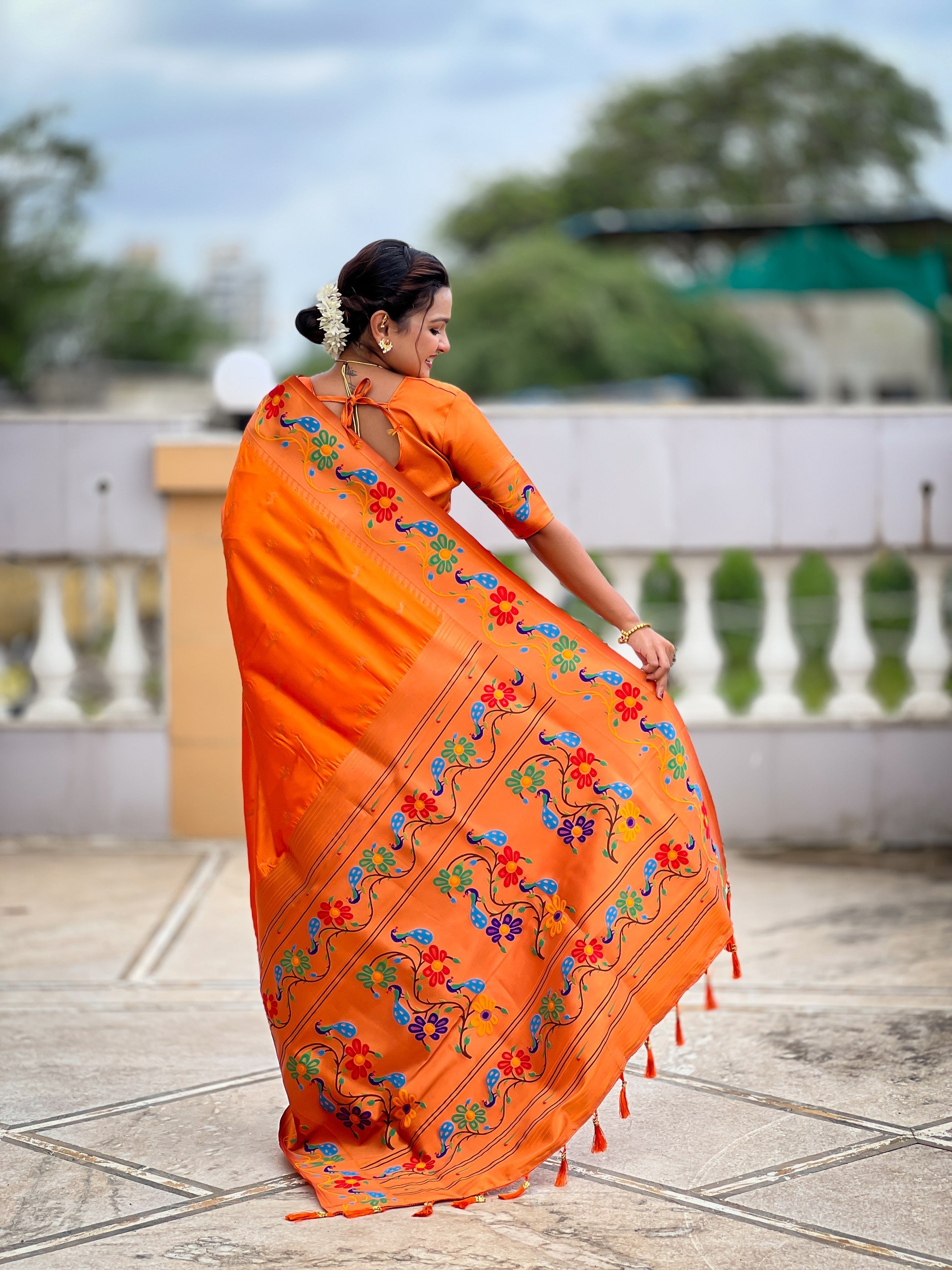 Vedant Vastram Soft Litchi Silk Paithani Jacquard Saree - Orange