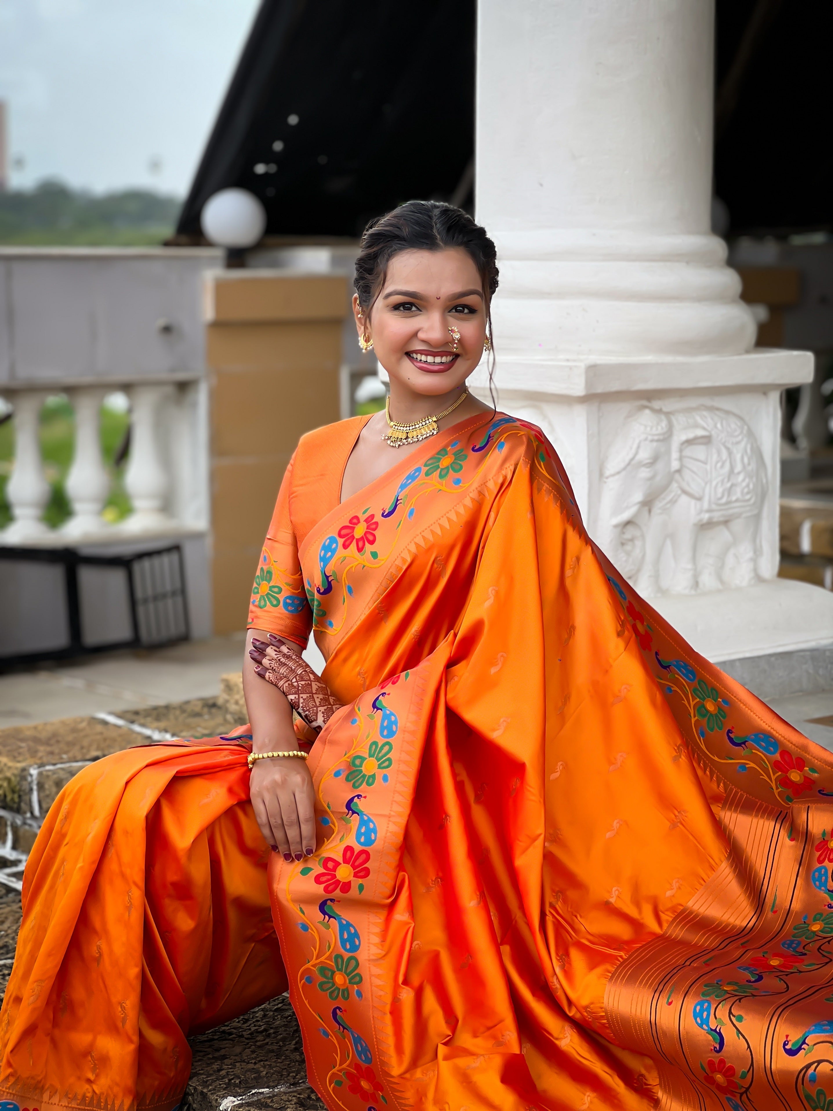 Vedant Vastram Soft Litchi Silk Paithani Jacquard Saree - Orange