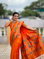 Vedant Vastram Soft Litchi Silk Paithani Jacquard Saree - Orange