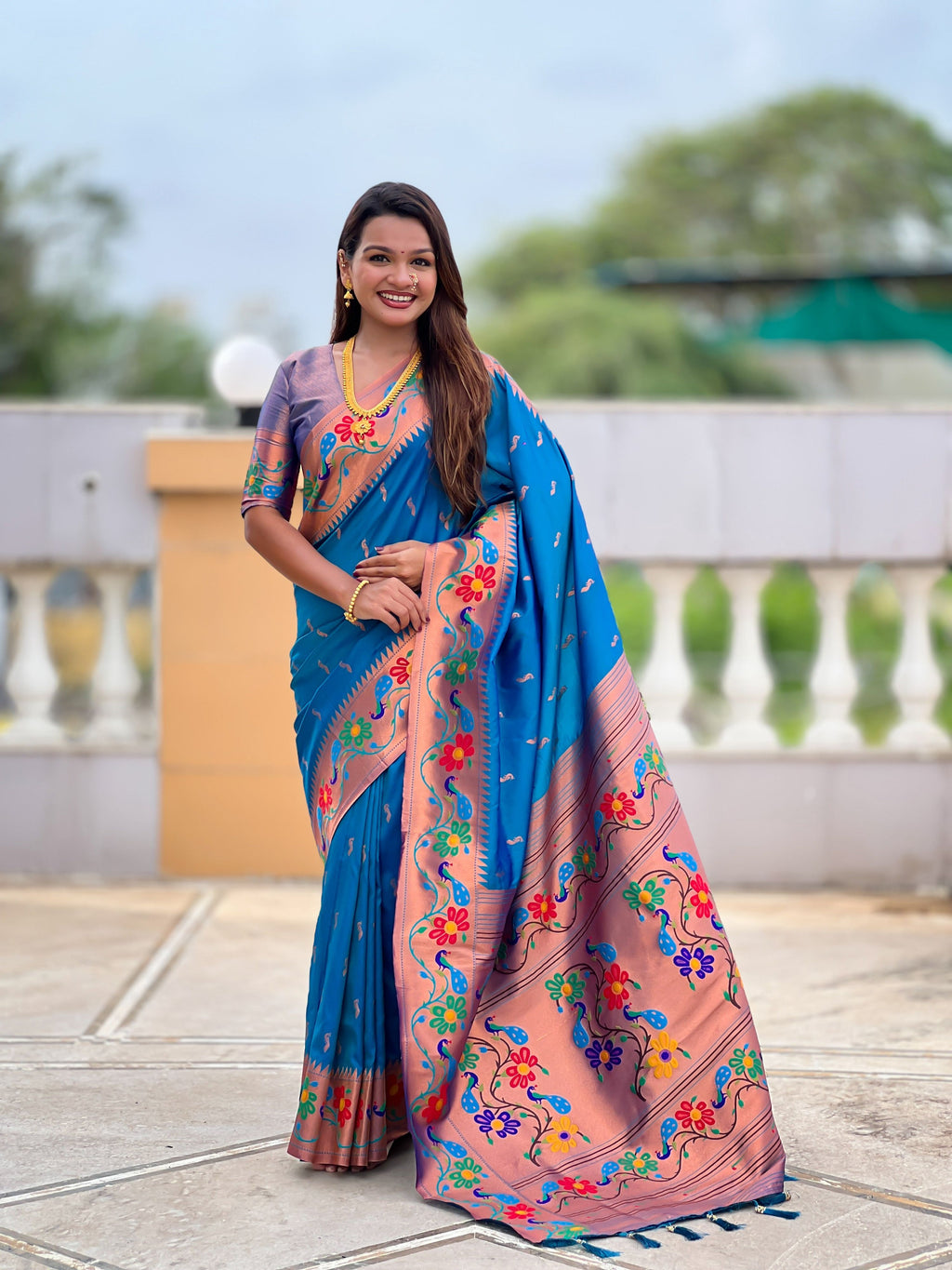 Vedant Vastram Soft Litchi Silk Paithani Jacquard Saree - Skyblue