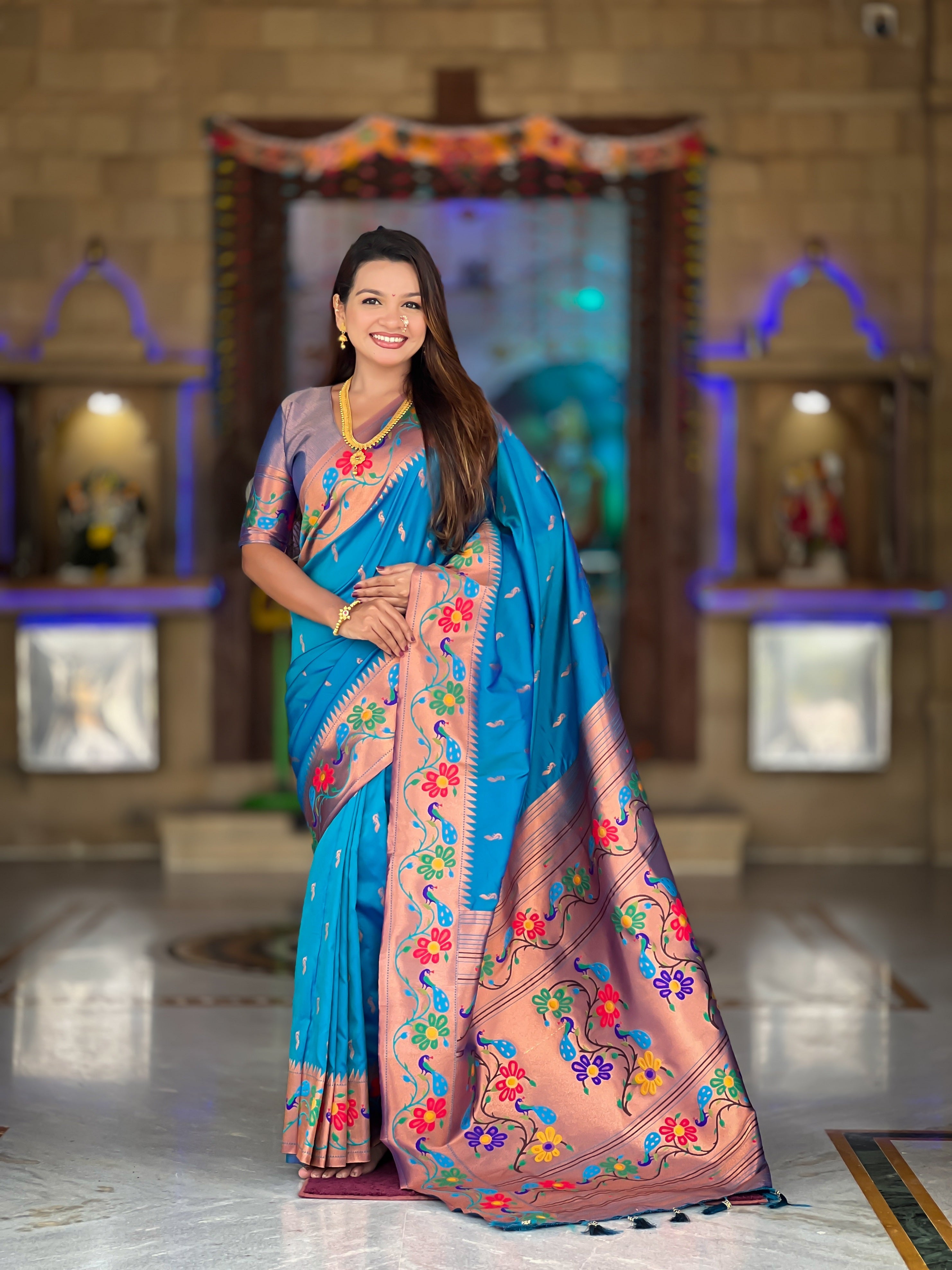 Vedant Vastram Soft Litchi Silk Paithani Jacquard Saree - Skyblue
