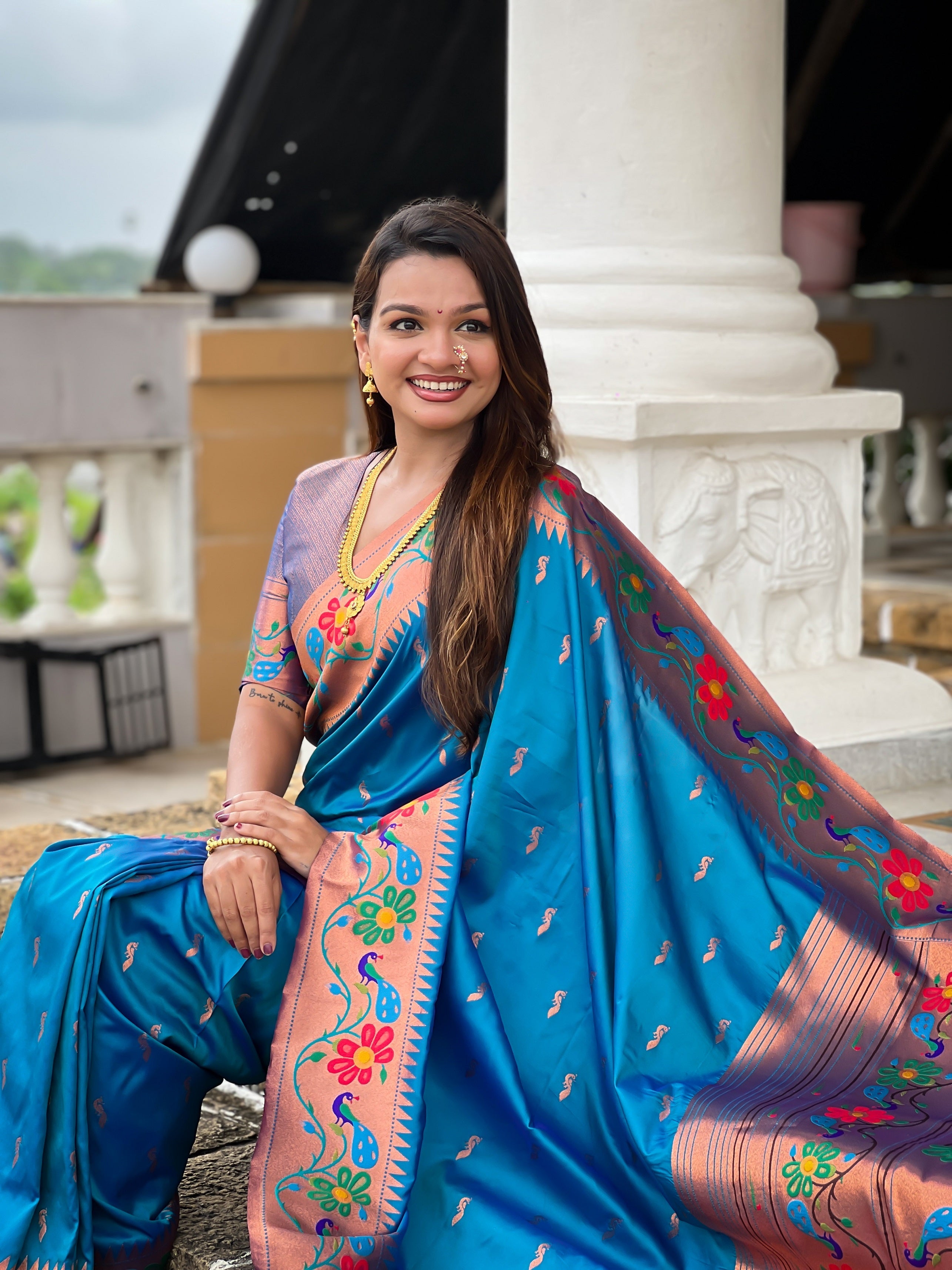 Vedant Vastram Soft Litchi Silk Paithani Jacquard Saree - Skyblue
