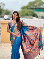 Vedant Vastram Soft Litchi Silk Paithani Jacquard Saree - Skyblue