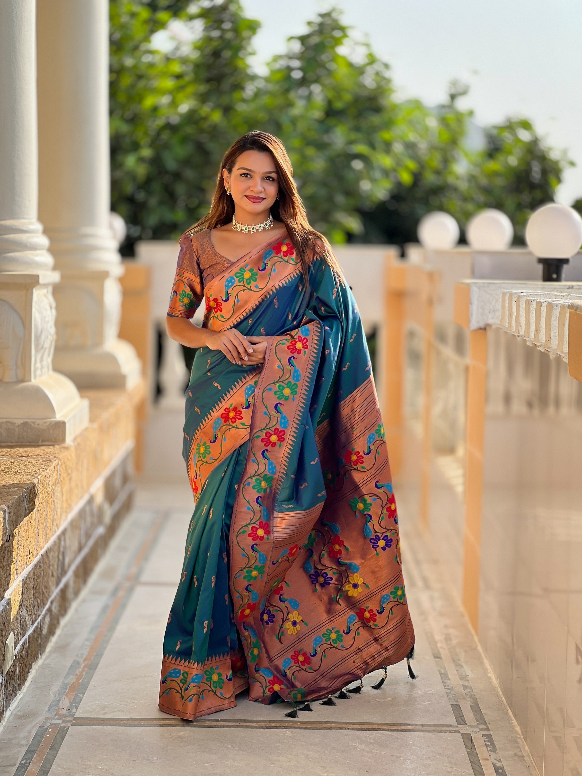 Vedant Vastram Soft Litchi Silk Paithani Jacquard Saree - Rama