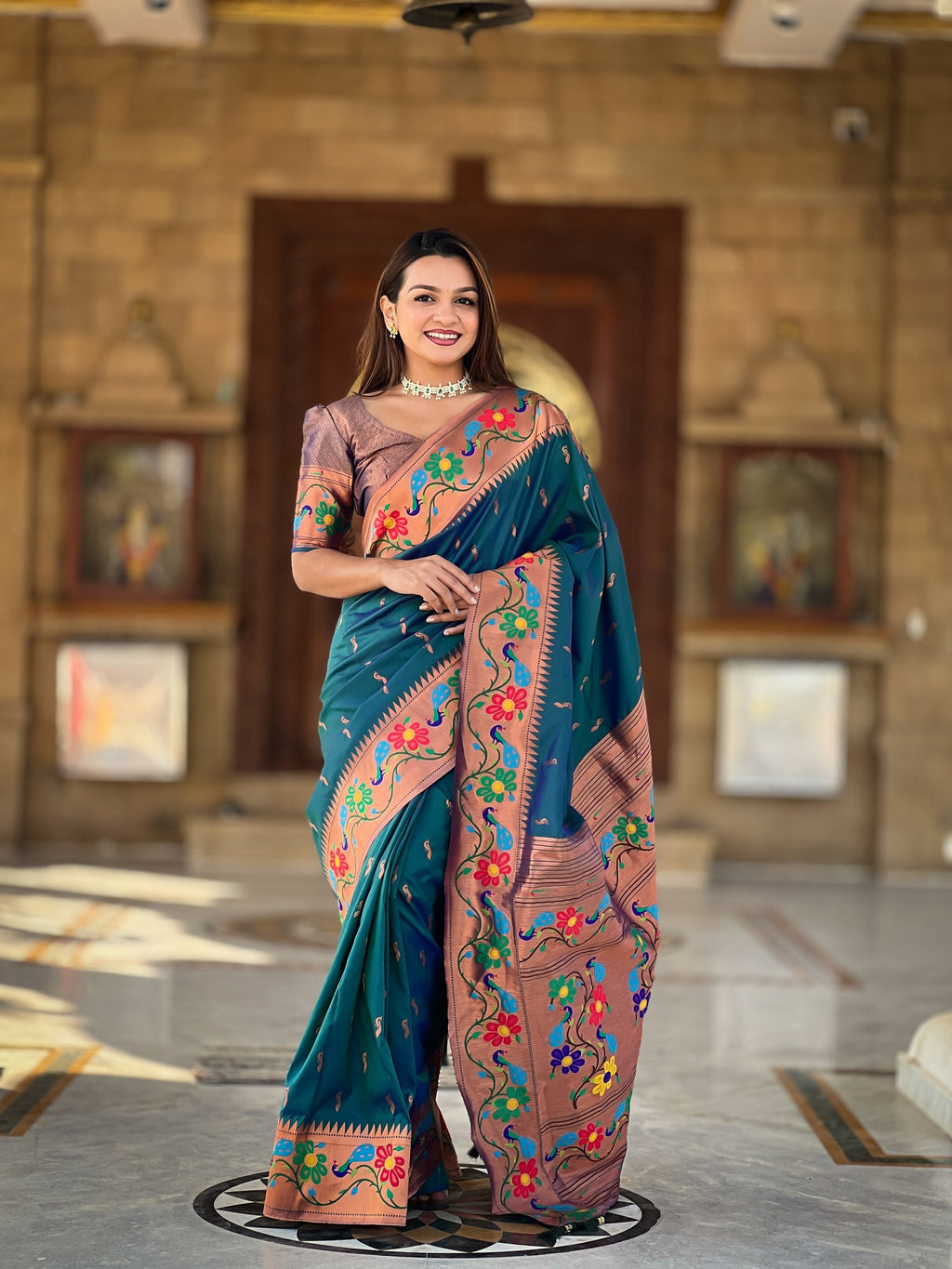 Vedant Vastram Soft Litchi Silk Paithani Jacquard Saree - Rama