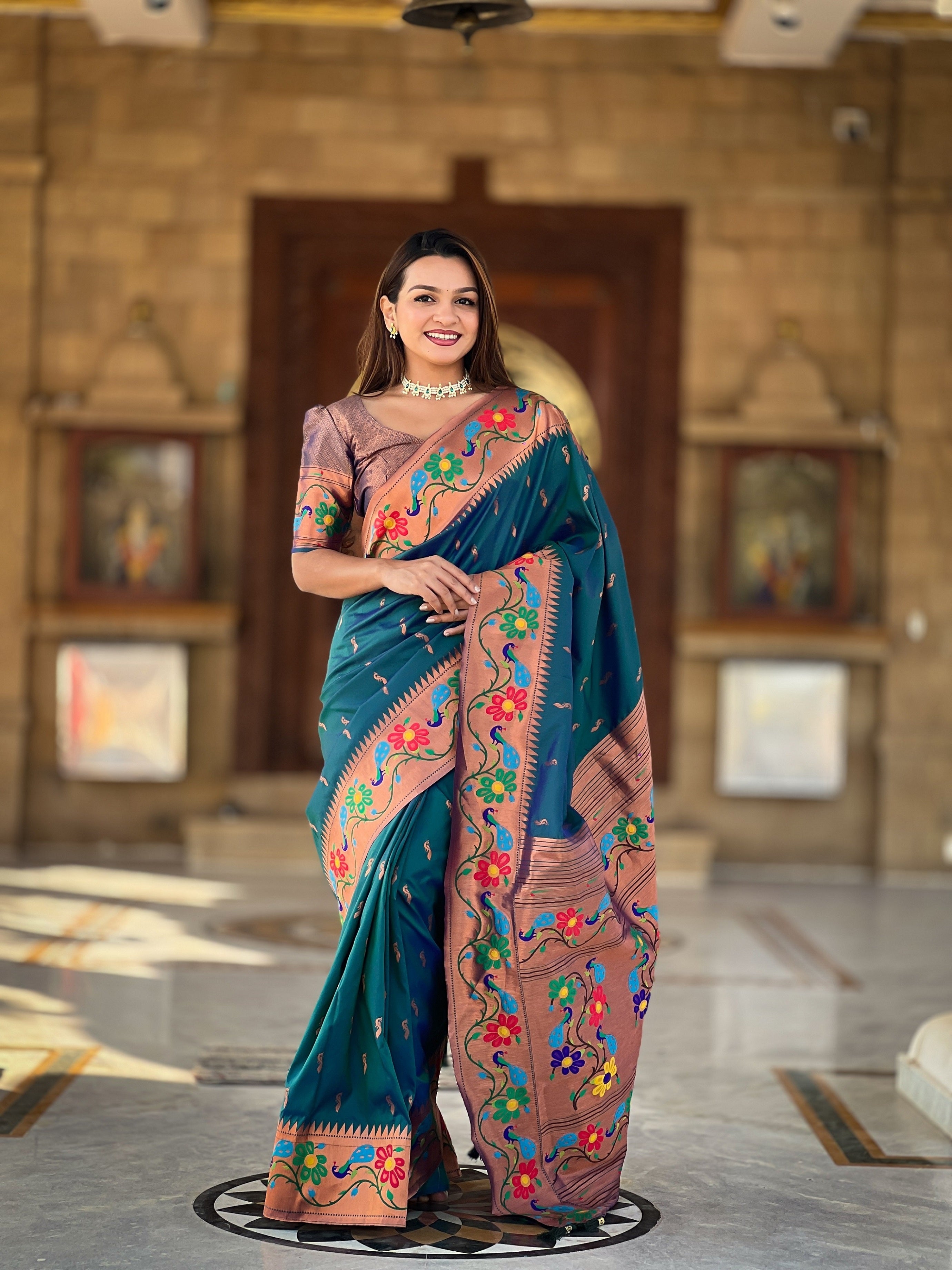 Vedant Vastram Soft Litchi Silk Paithani Jacquard Saree - Rama