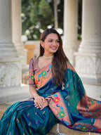 Vedant Vastram Soft Litchi Silk Paithani Jacquard Saree - Rama
