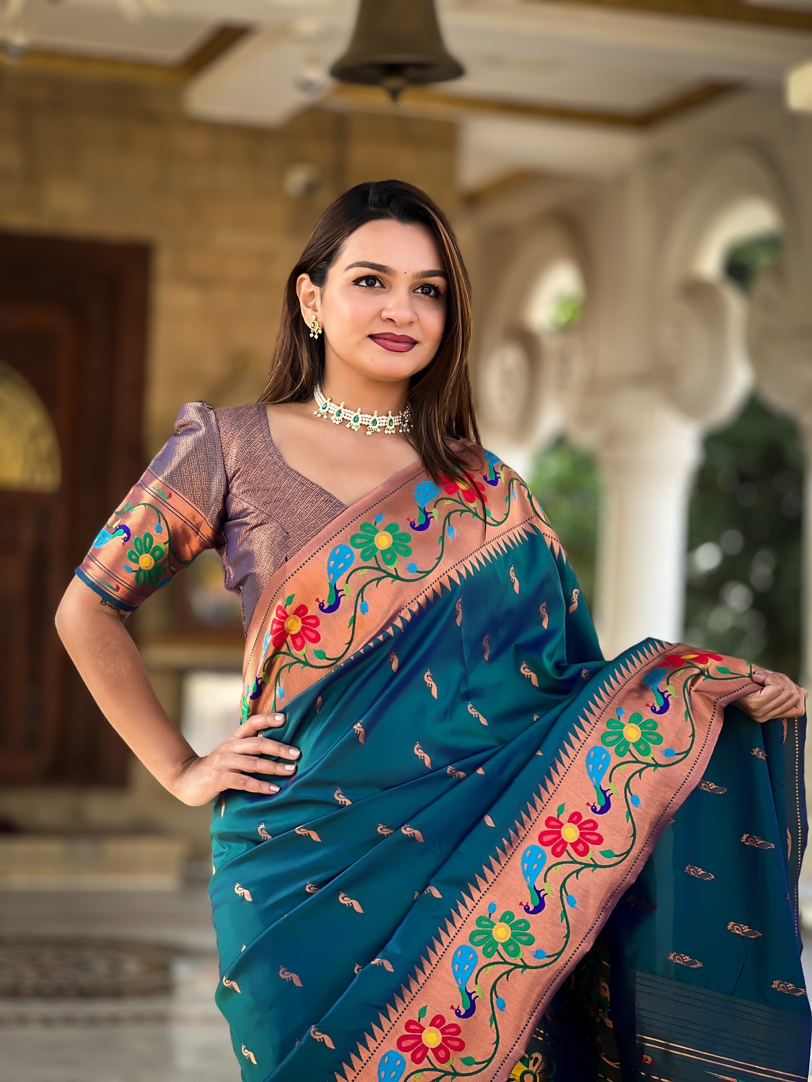 Vedant Vastram Soft Litchi Silk Paithani Jacquard Saree - Rama