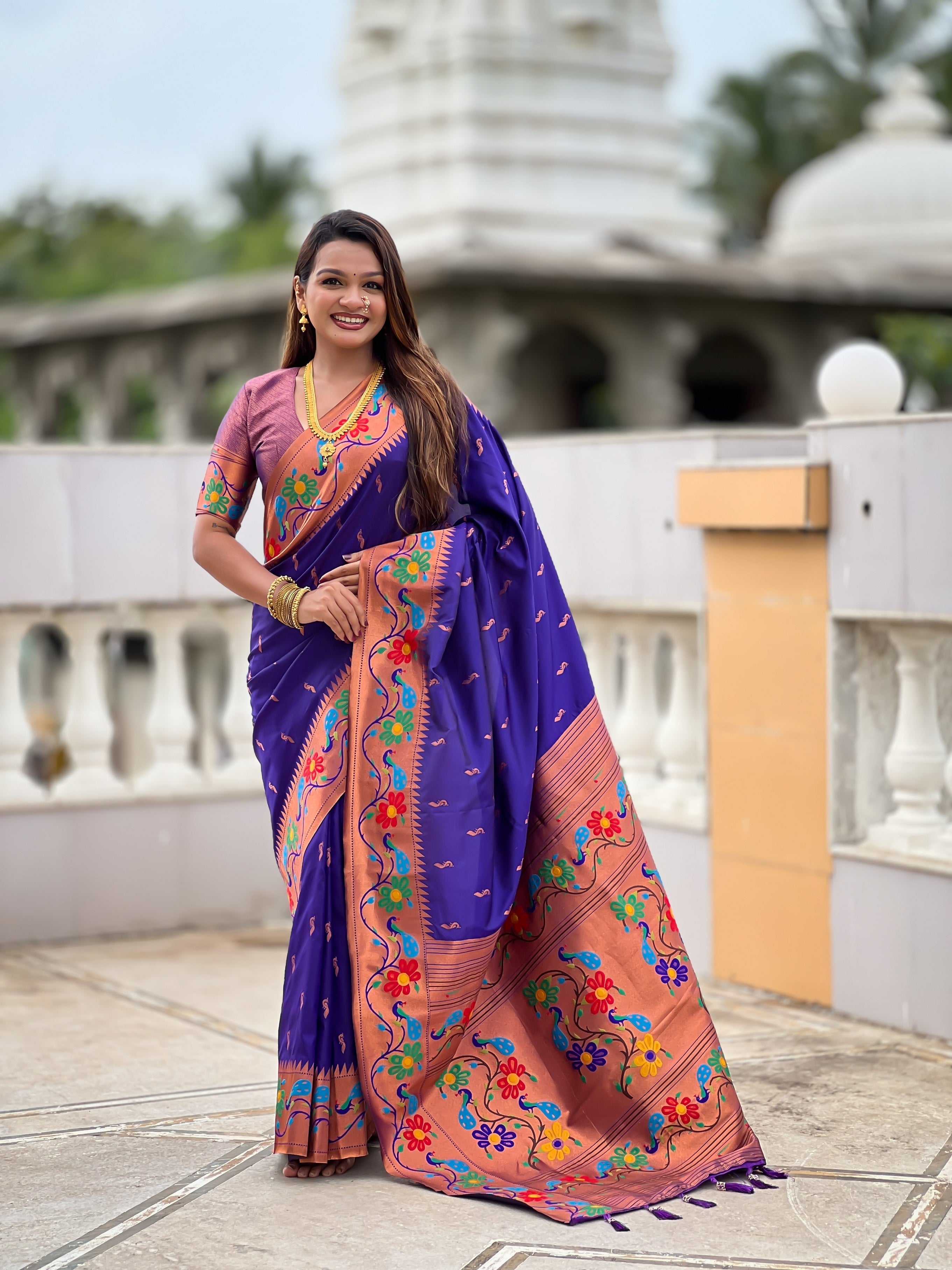 Vedant Vastram Soft Litchi Silk Paithani Jacquard Saree - Violet