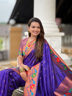 Vedant Vastram Soft Litchi Silk Paithani Jacquard Saree - Violet