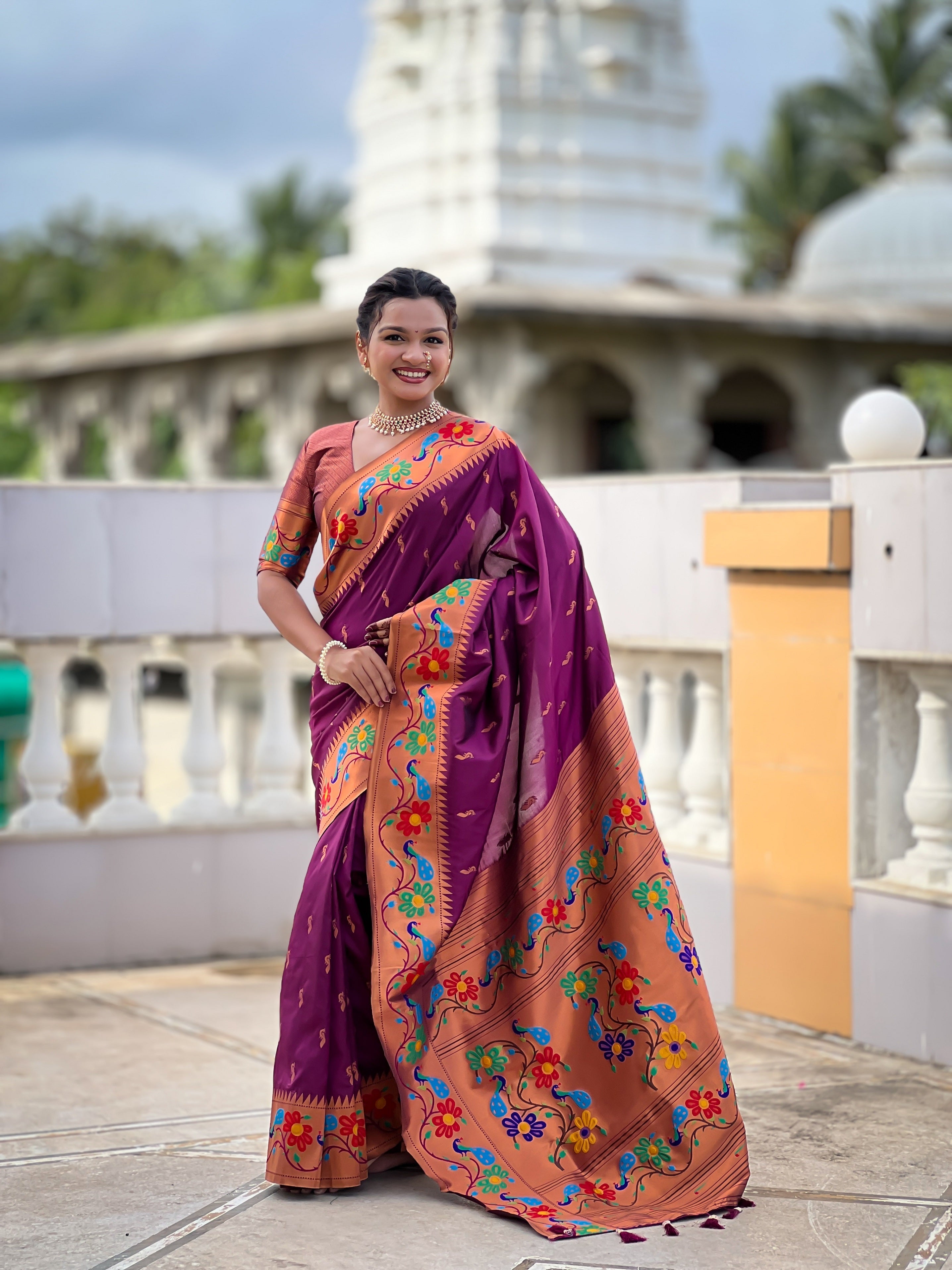 Vedant Vastram Soft Litchi Silk Paithani Jacquard Saree - Wine