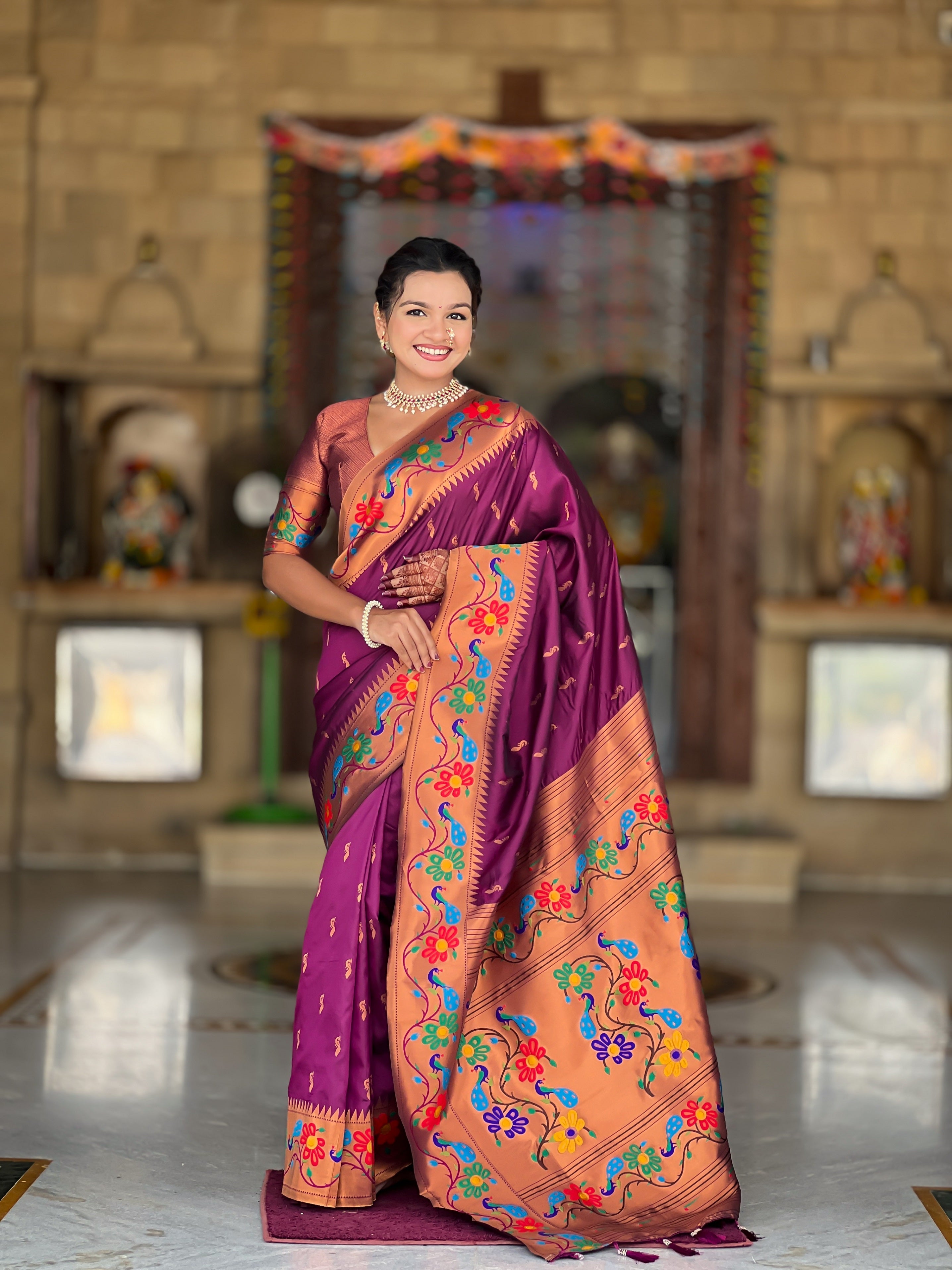 Vedant Vastram Soft Litchi Silk Paithani Jacquard Saree - Wine