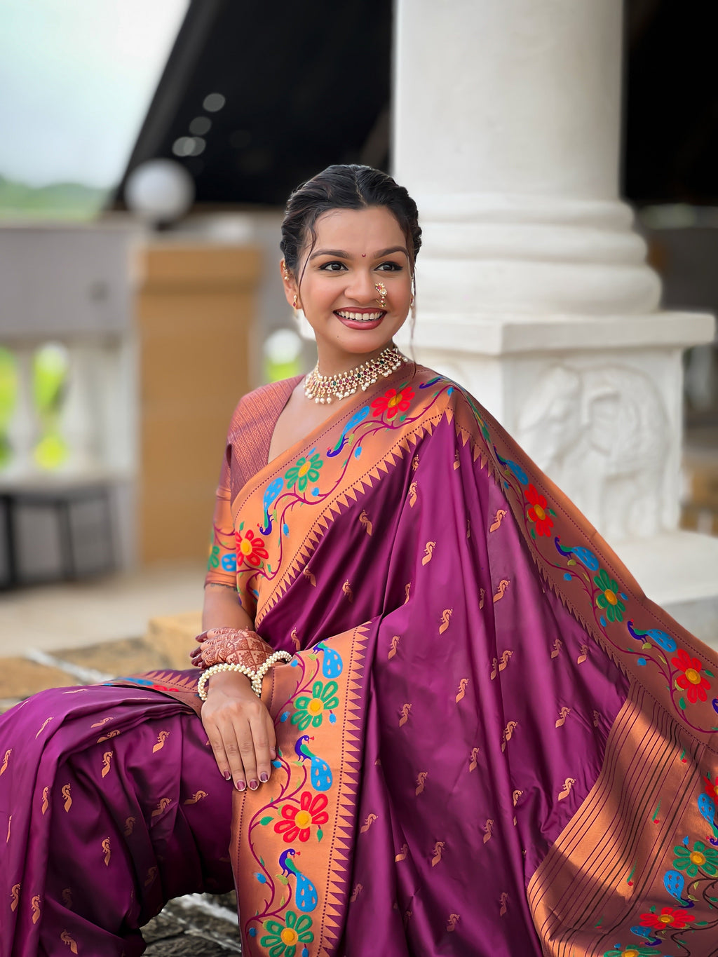 Vedant Vastram Soft Litchi Silk Paithani Jacquard Saree - Wine