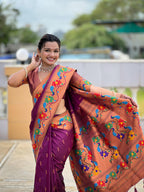 Vedant Vastram Soft Litchi Silk Paithani Jacquard Saree - Wine